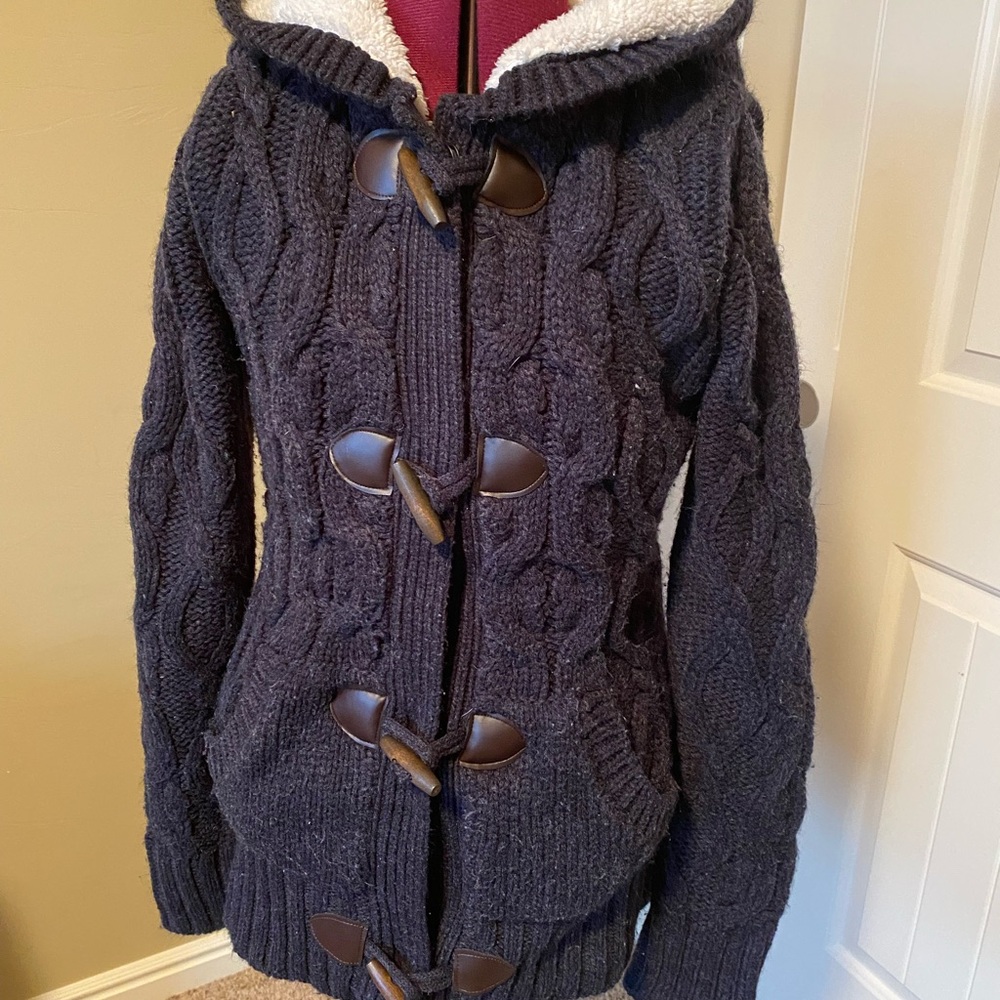Cozy Navy Cable Knit Toggle Sweater.